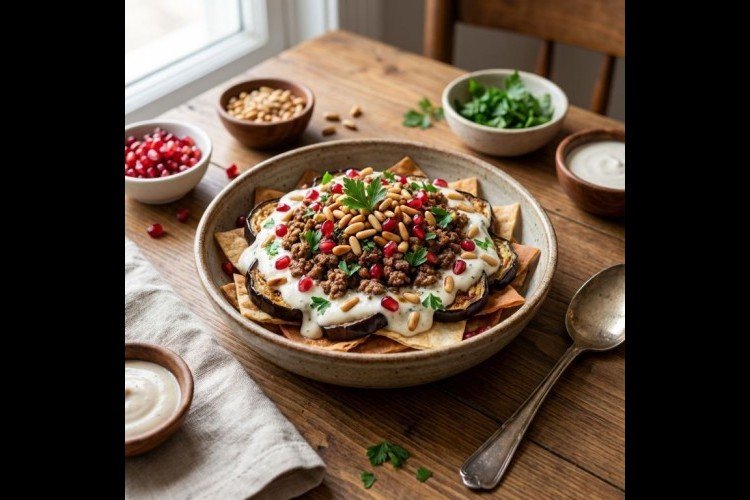 فتة الباذنجان بالزبادي والطحينة